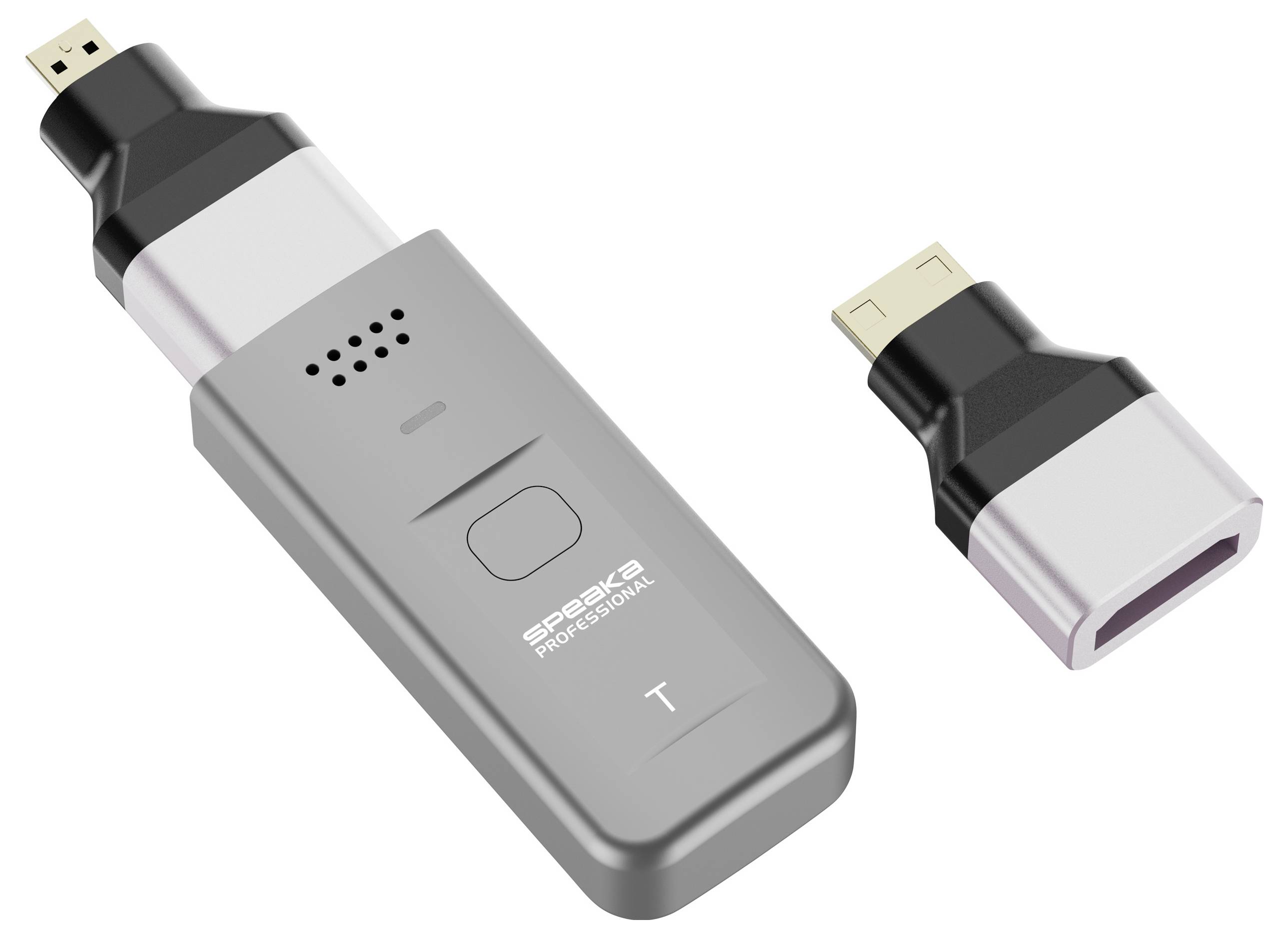 Zestaw bezprzewodowego mikrofonu nadawczo-odbiorczego 'Speekee Professional', prezentujący oba komponenty w metalicznym wykończeniu z złączami USB.