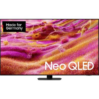Telewizor z żywymi, kolorowymi falami pokrywa ekran. W lewym górnym rogu widnieje napis 'Made for Germany', w prawym dolnym rogu 'Neo QLED'.