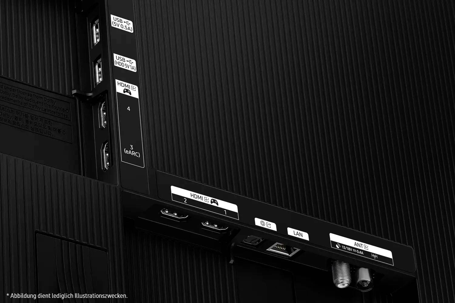 Tył telewizora: złącza HDMI, USB, LAN, antena. USB 5V 0,5A, HDMI 1, HDMI 2 (eARC), HDMI 3, HDMI 4, LAN, ANT.