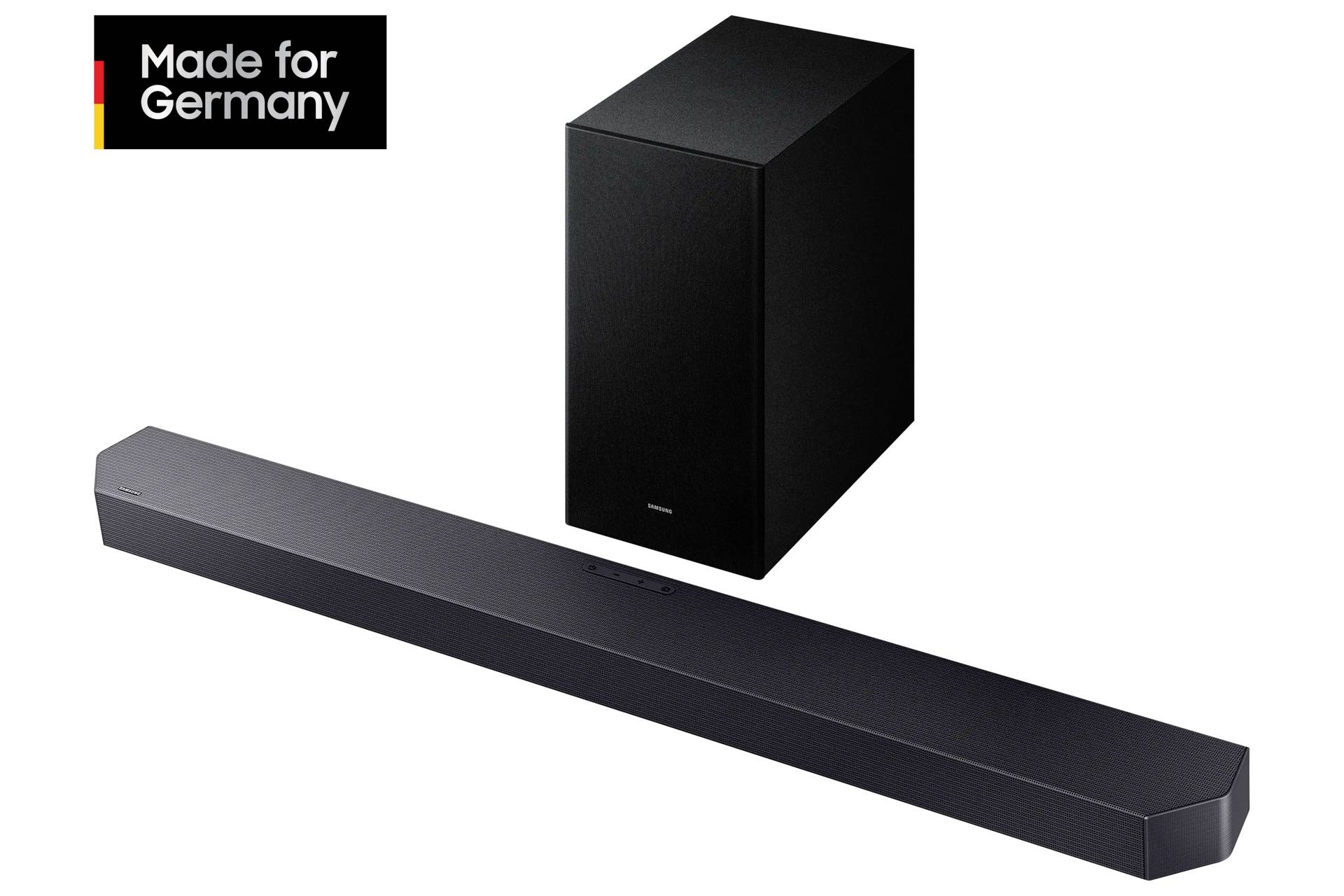 Soundbar i subwoofer w kolorze czarnym, z napisem 'Made for Germany'.
