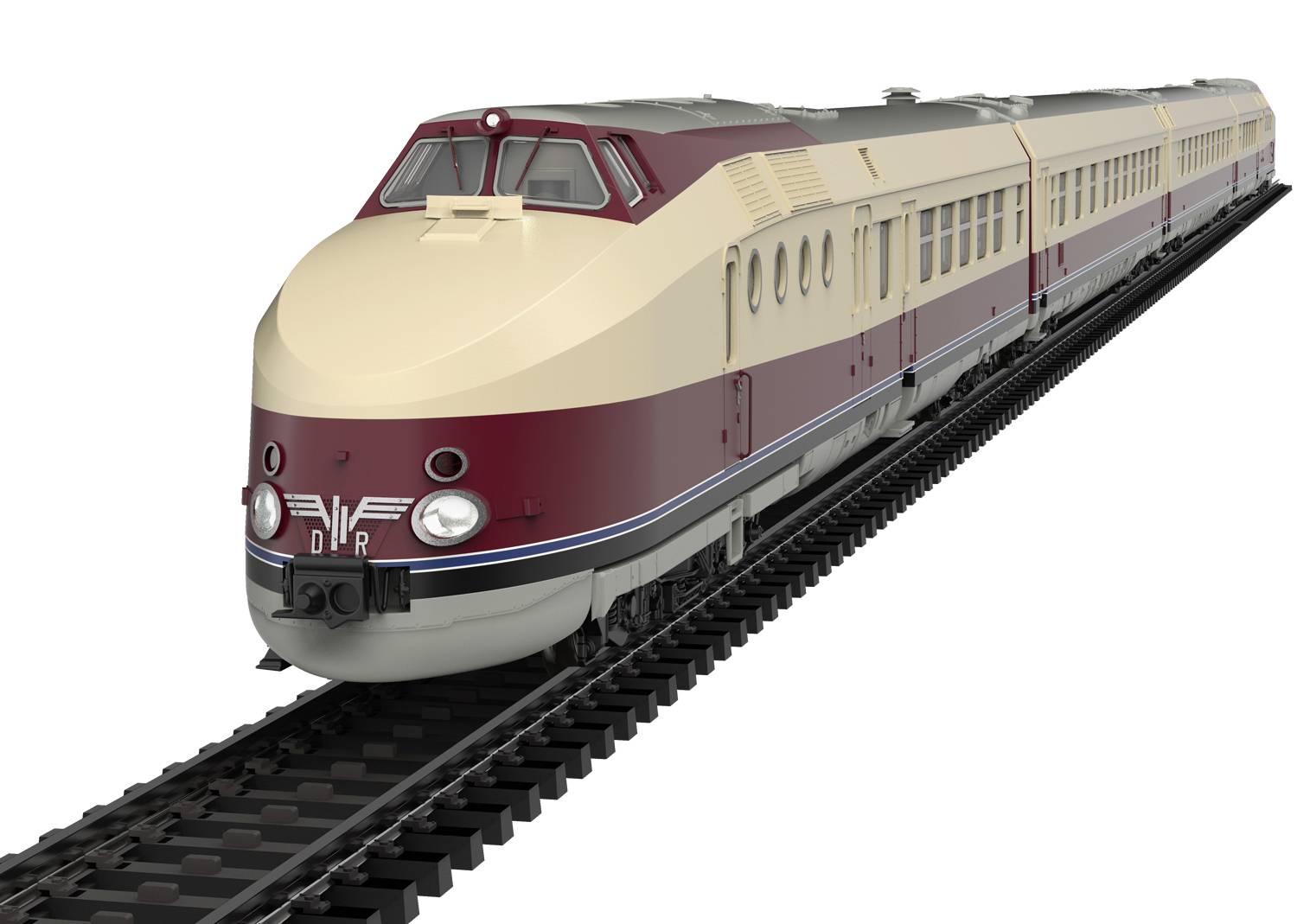 Stylizowany pociąg w klasycznym stylu Deutsche Reichsbahn jedzie po torach kolejowych, widziany z boku.