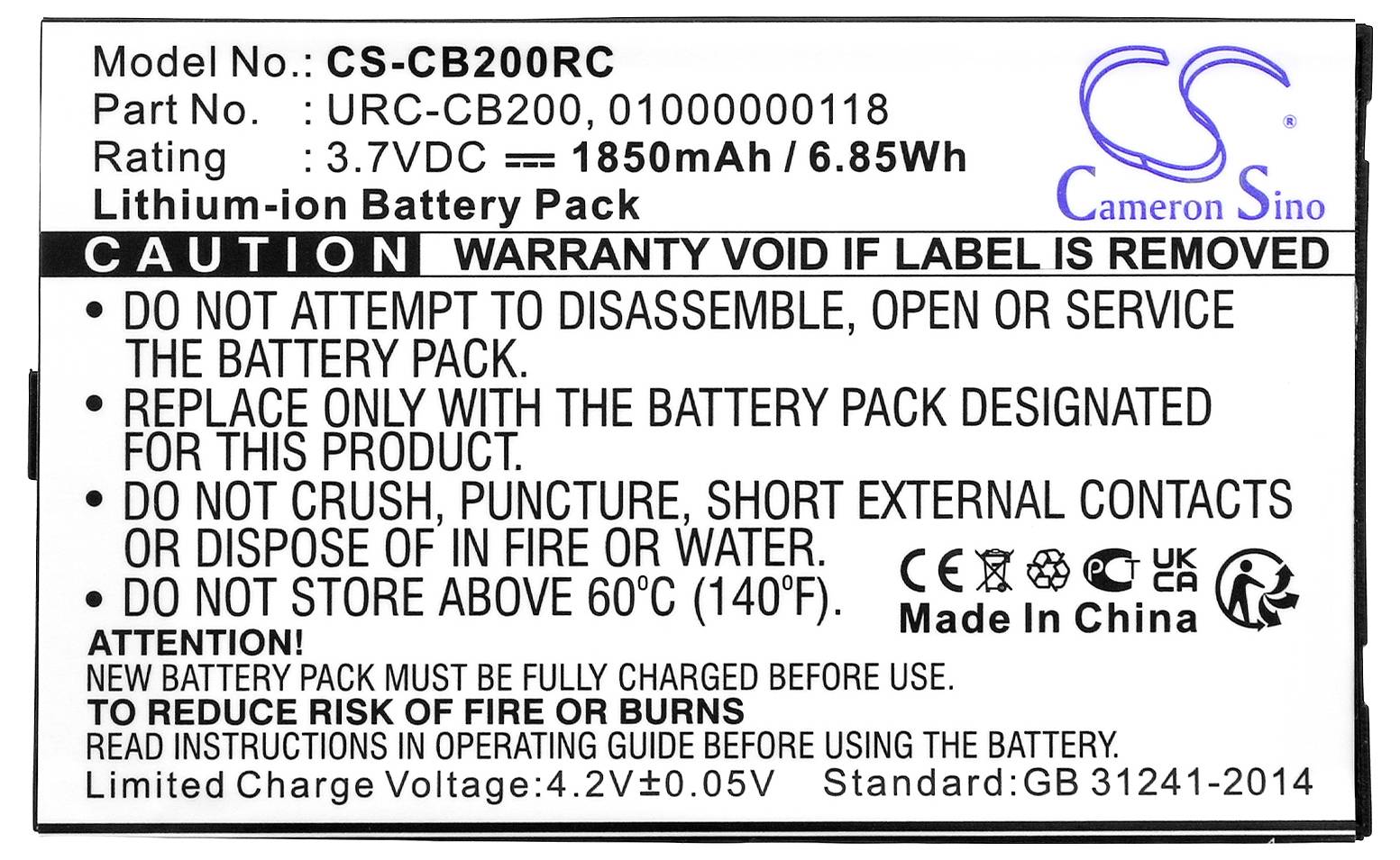 Akumulator litowo-jonowy, model CS-CB200RC, 3,7VDC, 1850mAh, 6,85Wh. Ostrzeżenie: Nie rozmontowywać ani nie wrzucać do ognia. Przechowywać wyłącznie w temperaturze 0–60°C.