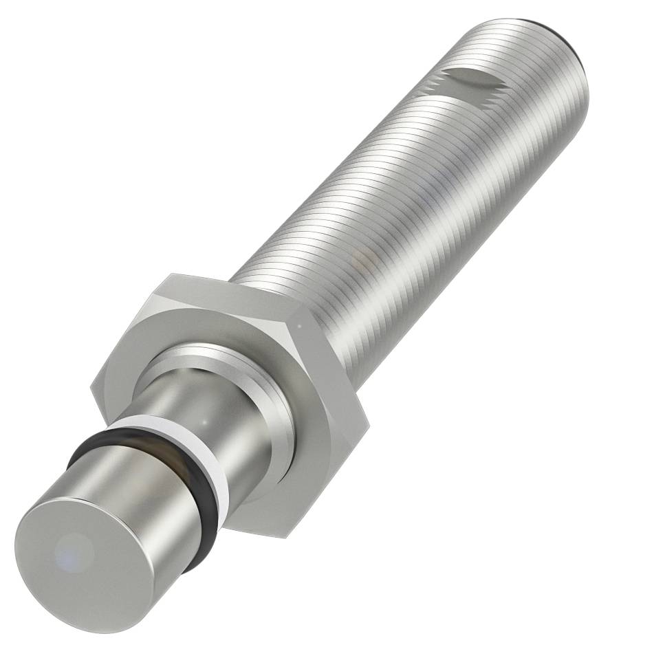 Cylindryczny czujnik indukcyjny z metalu z gwintem, nakrętką mocującą i plastikową osłoną, do wykrywania obiektów metalicznych.