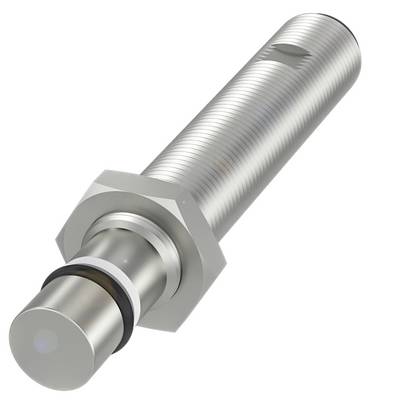 Cylindryczny czujnik indukcyjny z metalu z gwintem, nakrętką mocującą i plastikową osłoną, do wykrywania obiektów metalicznych.