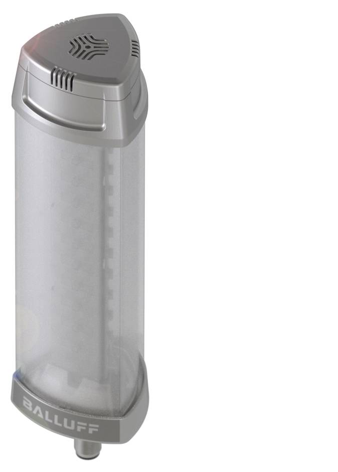 Cylindryczny czujnik firmy Balluff z srebrną obudową i przezroczystą osłoną, rejestrujący warunki otoczenia.