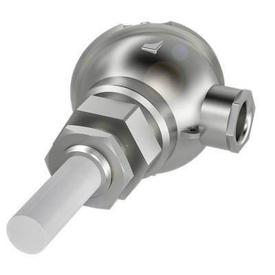Cylindryczny metalowy zawór z długą, cienką rurką zamocowaną pod kątem.