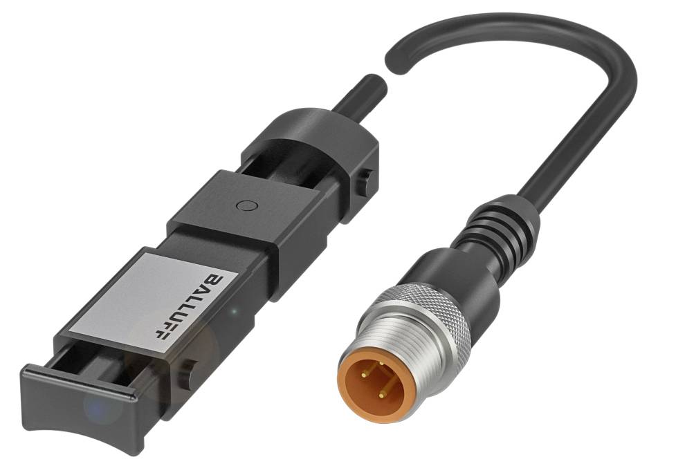 'Czujnik Balluff' i 'Kabel z wtyczką'. Czujnik jest wąski i podłużny, kabel ma zakrzywione złącze.