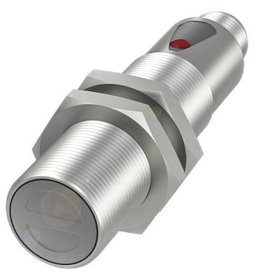 Czujnik metalowy w kształcie cylindrycznym z żebrowaną powierzchnią i czerwono świecącym wskaźnikiem na górze; stosowany w przemyśle.