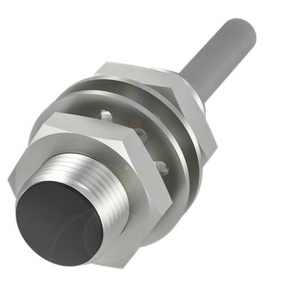 Cylindryczny metalowy czujnik zbliżeniowy z czarną końcówką i gwintem do mocowania.