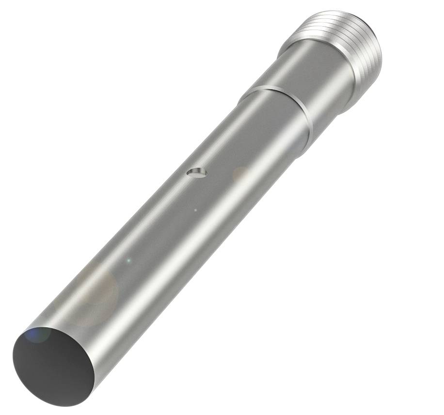 Metalowa, cylindryczna rura z gwintem na jednym końcu. Wydaje się być częścią systemu mechanicznego.