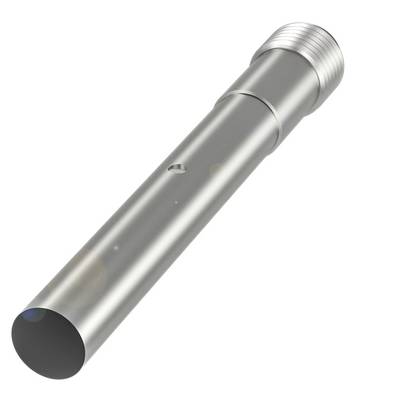 Metalowa, cylindryczna rura z gwintem na jednym końcu. Wydaje się być częścią systemu mechanicznego.