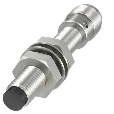 Srebrny, metaliczny czujnik o cylindrycznym korpusie, z gwintem i czarną końcówką, prawdopodobnie czujnik zbliżeniowy.