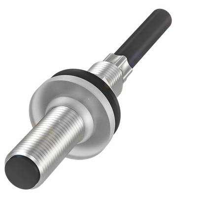 Cylindryczny metalowy czujnik indukcyjny z czarną plastikową głowicą i długą, wąską metalową obudową.