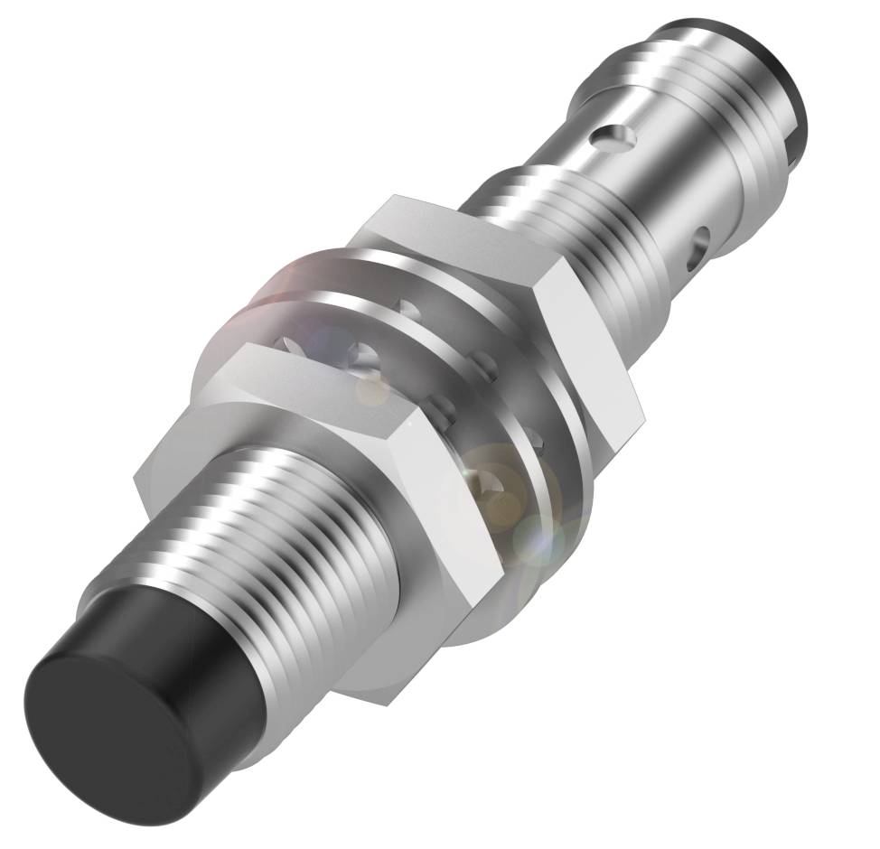 Cylindryczny, metalowy czujnik z gwintem i czarną końcówką, odpowiedni do zastosowań przemysłowych.