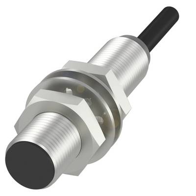 Cylindryczny czujnik zbliżeniowy z metalowym gwintem i czarną końcówką z tworzywa sztucznego, połączenie kablowe widoczne na tylnym końcu.