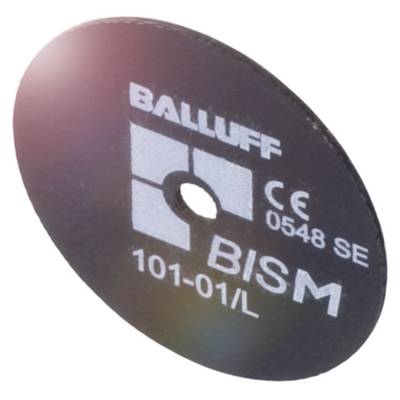 Okrągła, czarna etykieta RFID z napisem 'BALLUFF BISM 101-01/L' w białym kolorze i oznaczeniem CE.