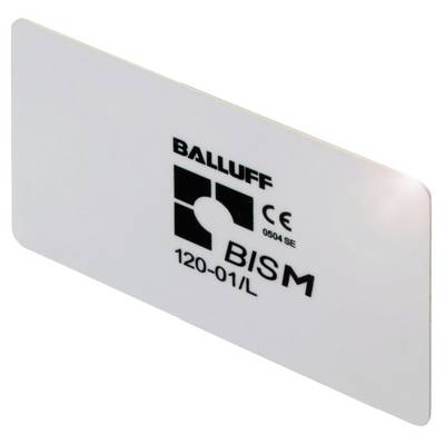 Białe tagi RFID z napisem 'BALLUFF BISM 120-01/L', używane do bezstykowej identyfikacji i zbierania danych w zastosowaniach przemysłowych.