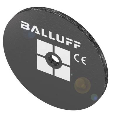 Transponder Balluff z oznaczeniem CE, okrągły design, czarny kolor, białe logo i symbol pośrodku.