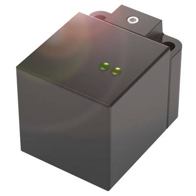 Czarna skrzynka elektroniczna z dwoma małymi diodami LED na górze, jedną zieloną i jedną czerwoną, do wskazywania stanu.