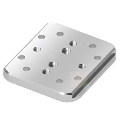 Płyta metalowa z wieloma otworami i gwintami. Narożniki zaokrąglone, powierzchnia błyszcząca. Używana jako element mocujący.