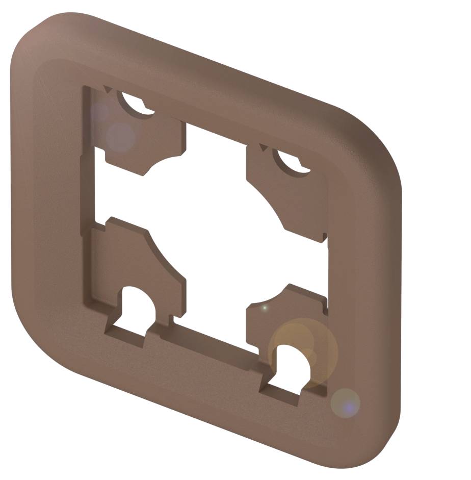 Brązowa ramka z tworzywa sztucznego z kwadratowym otworem i zaokrąglonymi rogami, prawdopodobnie do celów montażowych.