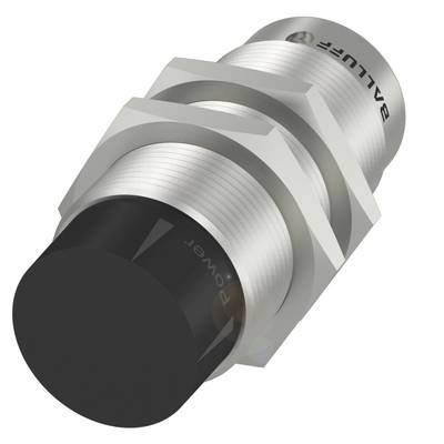 Cylindryczny czujnik firmy Balluff w metalowej obudowie z czarną głowicą, rozpoznawalny dzięki solidnej konstrukcji i napisom.
