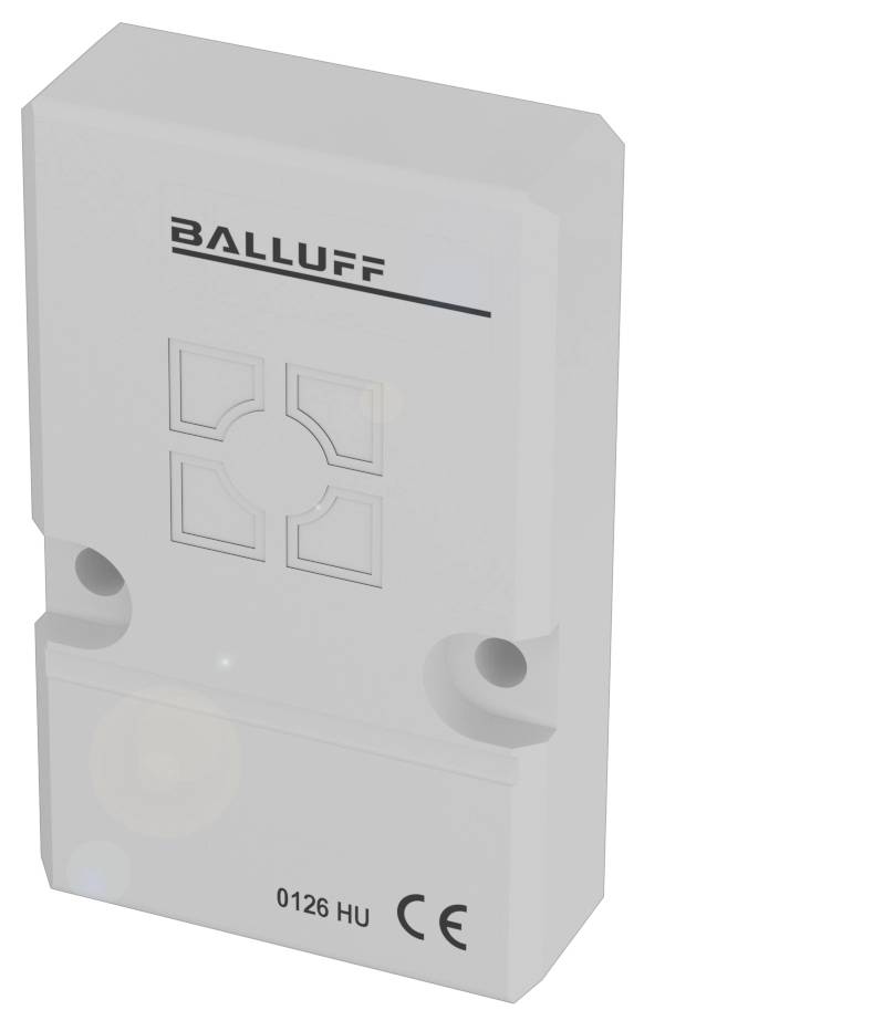 Biały komponent elektroniczny z czarnymi oznaczeniami i logo marki Balluff. Prostokątny kształt z zaokrąglonymi rogami.