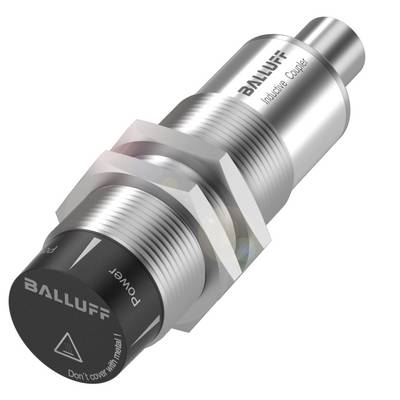 Cylindryczny, metalowy czujnik firmy Balluff z napisem 'Inductive Coupler Power'. Uwaga, nie kopiować produktu.
