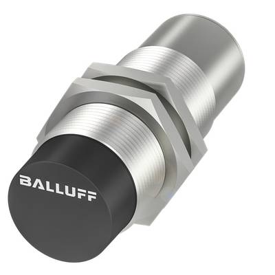 Cylindryczny czujnik z napisem 'Balluff' na czarnej nasadce. Ma metalową obudowę i gwint.