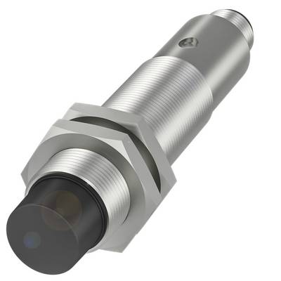 Cylindryczny czujnik zbliżeniowy z metalu z czarną plastikową nasadką i gwintem śrubowym do montażu, odpowiedni do zastosowań przemysłowych.