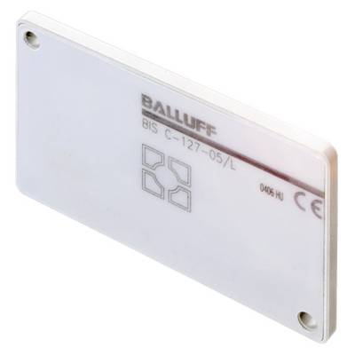 Prostokątny nośnik danych RFID firmy Balluff, model BIS C-127-05/L, z oznaczeniem CE i symbolem geometrycznym na przedniej stronie.