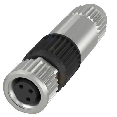Cylindryczny, srebrny wtyk przemysłowy z gwintem śrubowym i wieloma gniazdami do łączenia komponentów elektronicznych.
