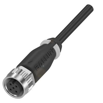 Czarny, cylindryczny złącze M12 z wieloma pinami i końcówką kablową; typowy element do połączeń elektrycznych.