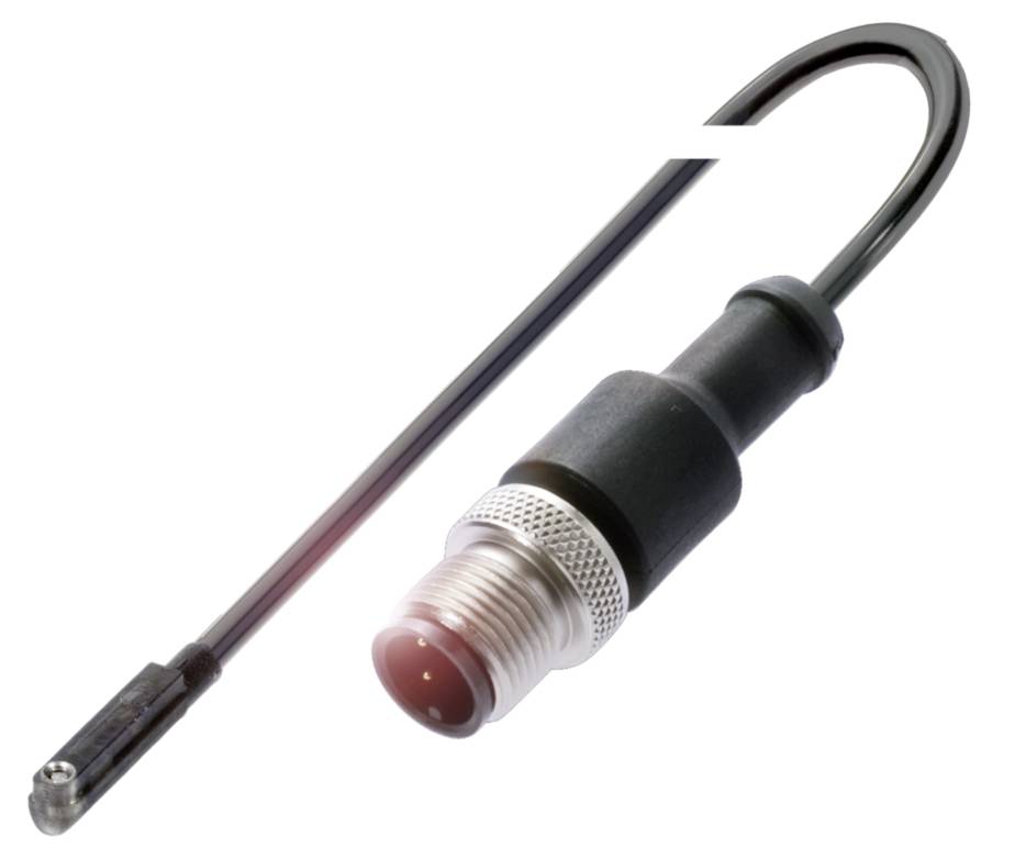 Czarny kabel z zakrzywionym złączem, metalowym gwintem i trzema widocznymi pinami, prawdopodobnie część elektronicznego systemu połączeń.