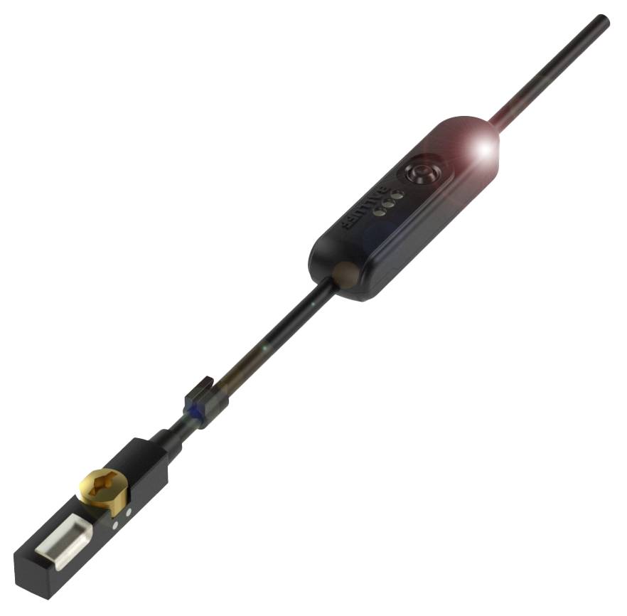 Wydłużone urządzenie elektroniczne z cylindryczną obudową i kablem zakończonym złączem.