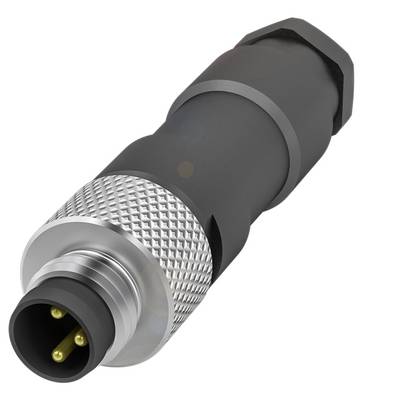 Czarny okrągły wtyk elektroniczny ze srebrnym przyłączem kabla, trzema złotymi pinami i żebrowaną metalową obudową zapewniającą bezpieczne połączenie.
