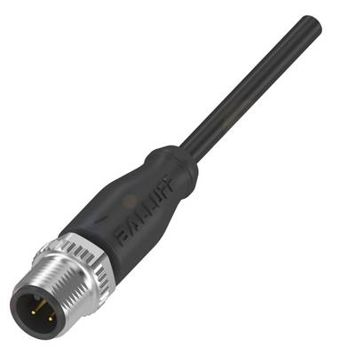 Czarny wtyk M12 z trzema kontaktami i kablem, używany do połączeń elektronicznych.