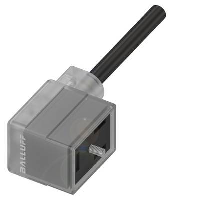 Prostokątny elektryczny złącze wtykowe z odchodzącym kablem. U góry wydrukowane jest logo marki 'BALLUFF'.