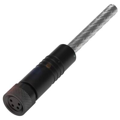 Czarny wtyk elektroniczny z żebrowanym metalowym kablem wychodzącym z tyłu, na białym tle.