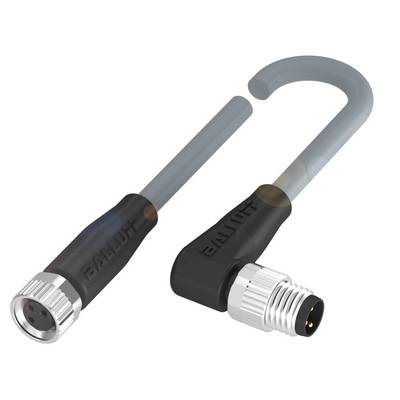 Czujnik indukcyjny i kabel przyłączeniowy w kształcie L, wyprodukowane przez Balluff. Pokazuje możliwość połączenia za pomocą złącza wtykowego.