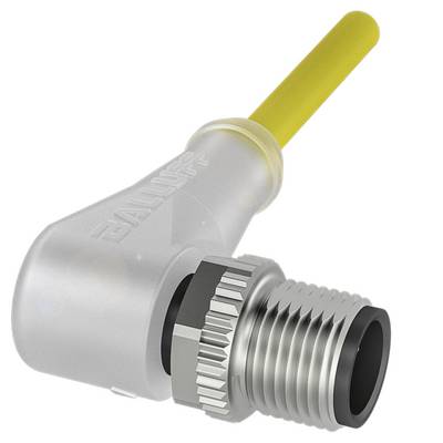 Szary adapter kątowy z żółtą rączką i metalowym gwintem, odpowiedni do podłączania w zastosowaniach technicznych lub urządzeniach przemysłowych.
