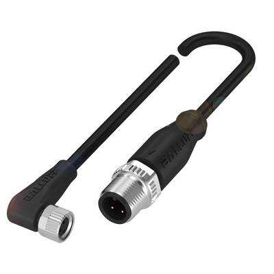 Czarny kabel z wtyczką kątową M12, lewa strona zagięta, z metalowym połączeniem gwintowym. Odpowiedni do łączenia urządzeń elektronicznych.