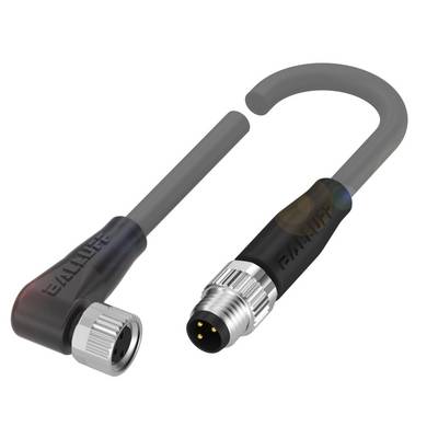 Czarny kabel ze złączami M12 z wtyczką kątową i prostą, odpowiedni do zastosowań przemysłowych.