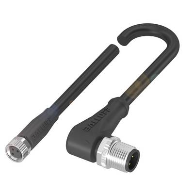 Kabel przyłączeniowy z dwoma wtyczkami: jedna prosta i jedna kątowa wtyczka z czterema pinami, czarna, firmy Balluff.