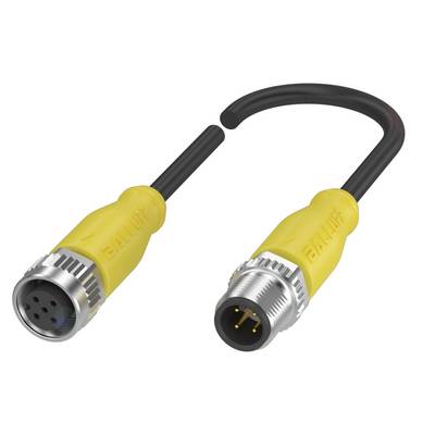 Żółty kabel połączeniowy M12 z dwoma końcówkami złączy; jeden z czterema pinami, drugi z czterema gniazdami. Stosowany w zastosowaniach przemysłowych.