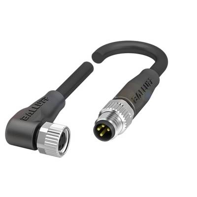 Czarny, kątowy kabel M12 z czterobiegunowym złączem, idealny do przemysłowych zastosowań czujnikowych lub wykonawczych.