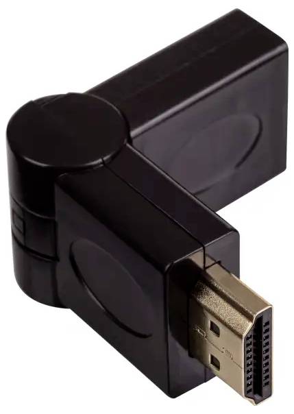 Czarny adapter kątowy HDMI z obrotowym złączem, umożliwia elastyczne pozycjonowanie kabla w ciasnych przestrzeniach lub specjalnych instalacjach.