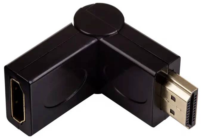 Czarny adapter HDMI w kształcie litery L z wtyczką HDMI po jednej stronie i gniazdem HDMI po drugiej.