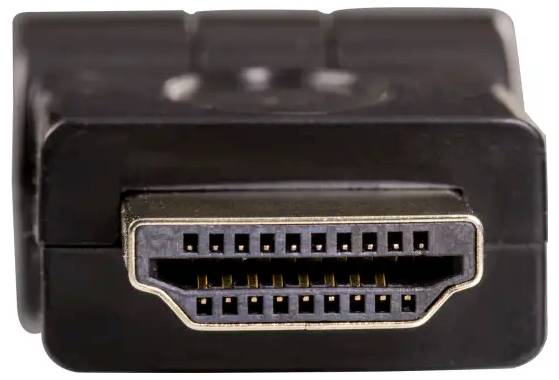 Czarny wtyk HDMI, widok z przodu. Prostokątne złącze pokazuje kilka pinów do przesyłania sygnałów audio i wideo.