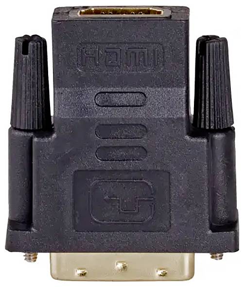 Czarny adapter HDMI na DVI z gniazdem HDMI u góry i gniazdem DVI u dołu, służący do łączenia urządzeń z różnymi rodzajami złączy.